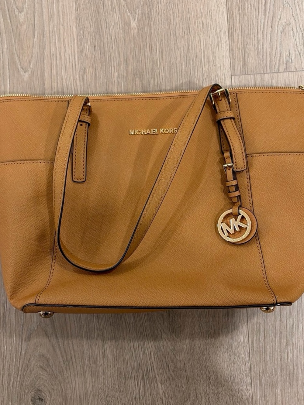 Michael Kors Caramel Saffiano Leather Tote with Gold MK Charm